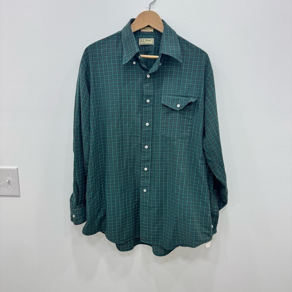 Vintage L.L. Bean Shirt Men 17.5-35 Plaid Single Needle Button Down Green